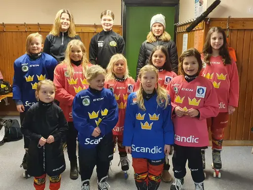 Ett glatt gäng med tjejer som kom och tränade med oss (yngsta deltagaren står bakom fotografen med mamma), i bakre ledet våra duktiga hjälpledare Nea, Vera och Siri.