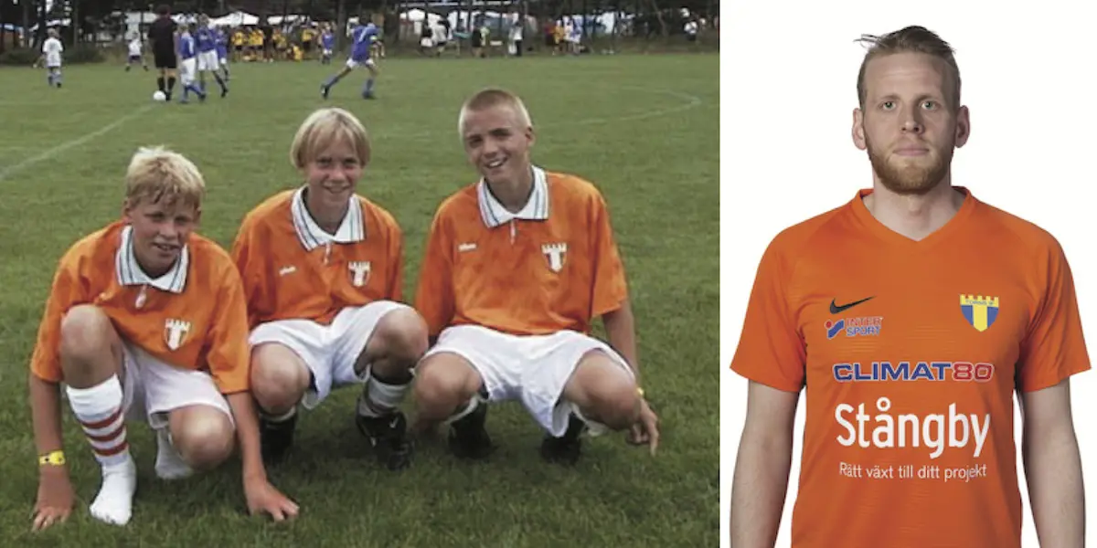 Till vänster ser vi Daniel tillsammans med lagkamraterna Victor Berg och Oskar Rönningberg. Bilden är tagen i samband med Kattegat cup 1999. Till höger en nyare bild av Daniel Hidefält Thulin.