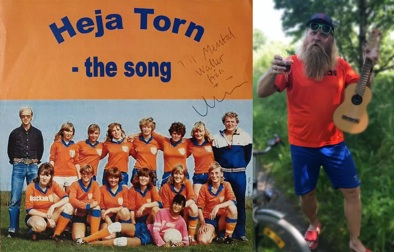 Omslaget till singeln Heja Torn av Johan ”Viking” Pettersson och upphovsmannen ute på en cykeltur mellan Tollarp och Linderöd.