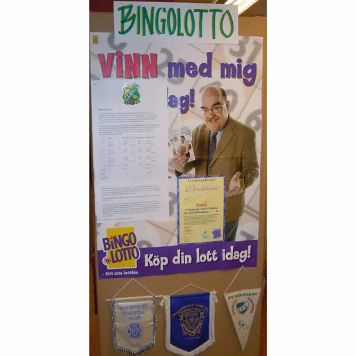 Bilder från stolpe 6; "Supporterklubben", "Bingolotto", "3 utvecklingsfaser" och "Gravas demografi"