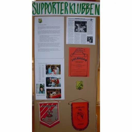 Bilder från stolpe 6; "Supporterklubben", "Bingolotto", "3 utvecklingsfaser" och "Gravas demografi"