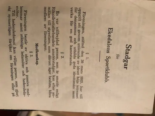 Utdrag ur Ekedalens Sportklubbs stadgar från 1933, tryckta på Tidaholms Tryckeri 1937.