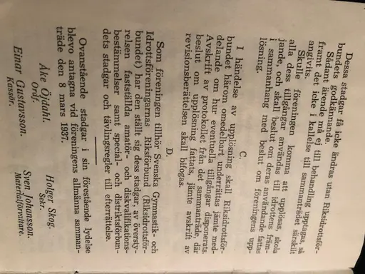 Utdrag ur Ekedalens Sportklubbs stadgar från 1933, tryckta på Tidaholms Tryckeri 1937.