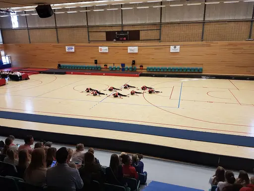 Trupp Indigo (Annie, Beata, Ebba, Elise, Elsa, Emelie, Hannah, Ingrid, Iris, Leia, Lova, Melina och Tindra) på tävlingen Riksfyran 2018