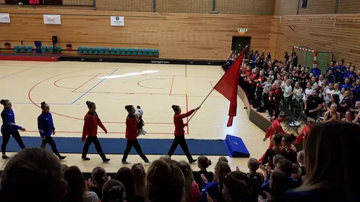 Trupp Indigo (Annie, Beata, Ebba, Elise, Elsa, Emelie, Hannah, Ingrid, Iris, Leia, Lova, Melina och Tindra) på tävlingen Riksfyran 2018