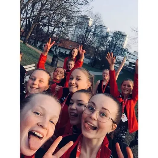 Trupp Indigo (Annie, Beata, Ebba, Elise, Elsa, Emelie, Hannah, Ingrid, Iris, Leia, Lova, Melina och Tindra) på tävlingen Riksfyran 2018