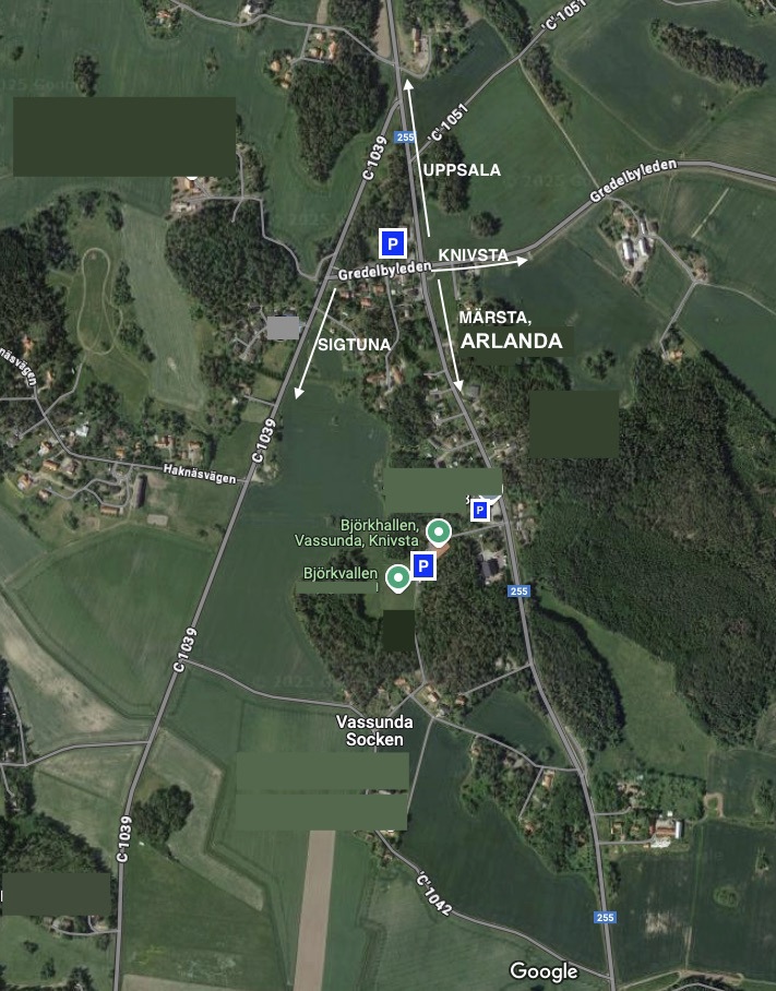Bild: Satellitvy över Edeby. Björkhallen är kartnålen med texten Björkhallen, Vassunda, Knivsta. Foto: Google Maps 2025