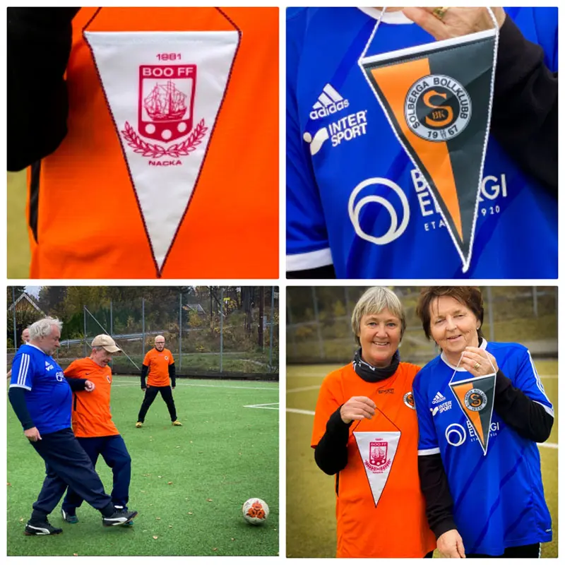 SBKs Åke Lindström och KG Flygt redo att gripa in medan Lars Tholander kämpar om bollen. SBKs Maud Hägglund utbyter artigt vimpel med Boo Ifs representant.