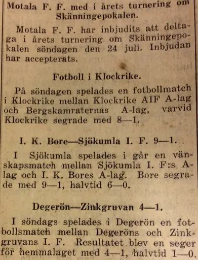 Utklipp början 30-talet Motala Tidning, jag hämtat från Föreningsarkivet i källaren nya brandstation.