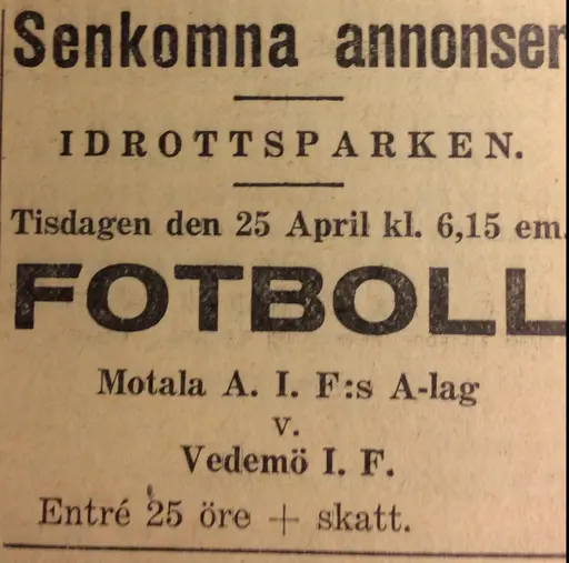 Utklipp början 30-talet Motala Tidning, jag hämtat från Föreningsarkivet i källaren nya brandstation.