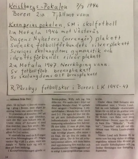 Minnen från Rune Pärsby målvakt i Borens IK mitten -40 tal. Runes fotbollskor med korkdobb, som fick spikas dit och böjas,för att inte komma upp i foten.