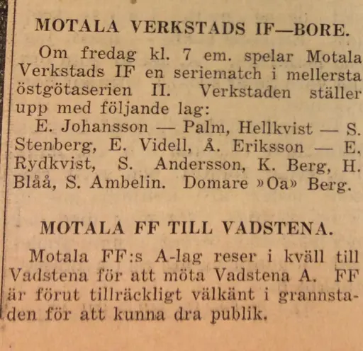 Utklipp början 30-talet Motala Tidning, jag hämtat från Föreningsarkivet i källaren nya brandstation.