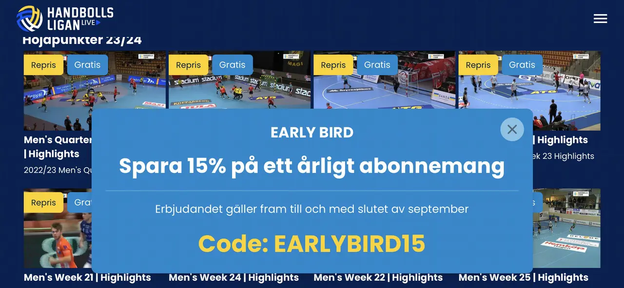 Startsidan för Handbollsligan.live