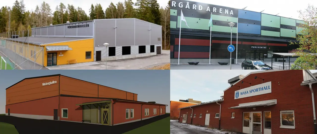 Uppe till vänster: Pershagenhallen Uppe till höger: Västergård Arena Nere till vänster: Viksbergshallen (ny) Nere till höger: Wasa Sporthall