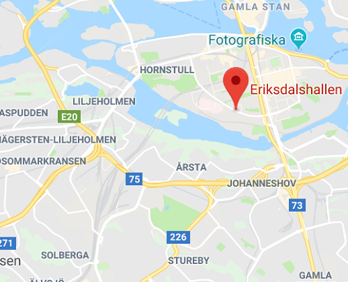 Eriksdalshallen ligger på Södermalm nära bra kommunikationer. Skärmdump från Google Maps.
