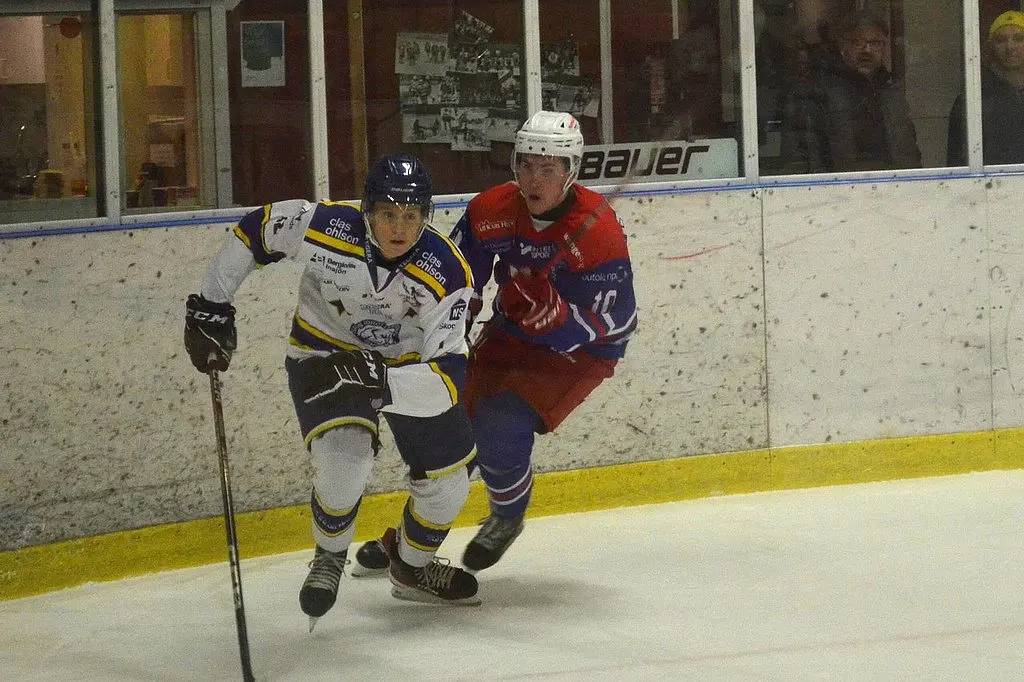 Avestas Malte Råberg (höger) gjorde en mycket solid insats i sin första match i Avesta BK. Foto: Olov Lindgren