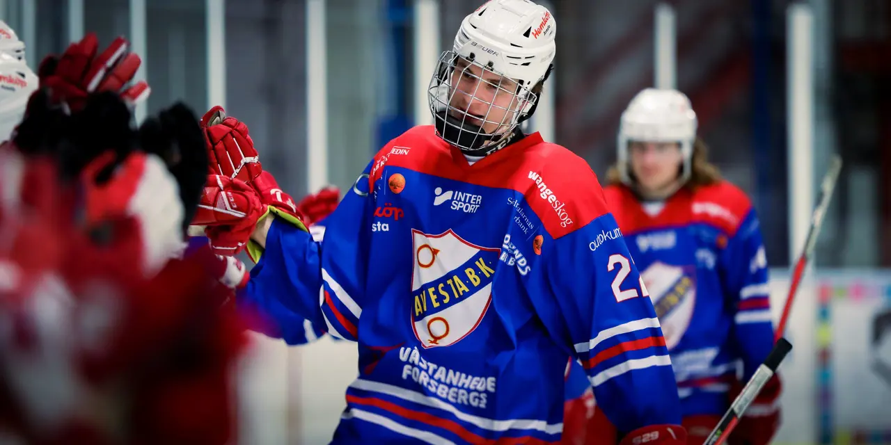 Hampus Mattsson gratuleras efter sitt 2-1-mål i andra perioden. Foto: Sebastian Olander