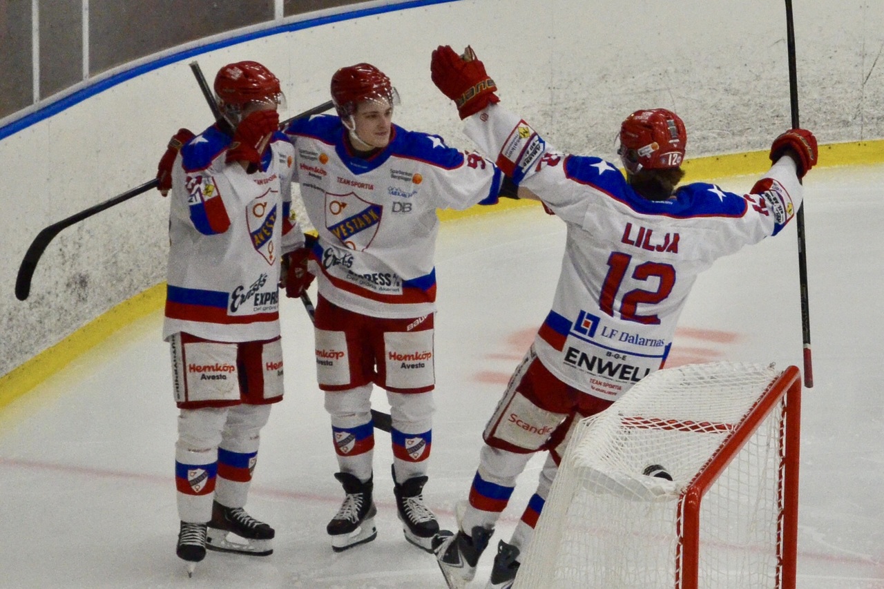 William Larsson gratuleras efter 2-0-målet. Foto: Olov Lindgren 