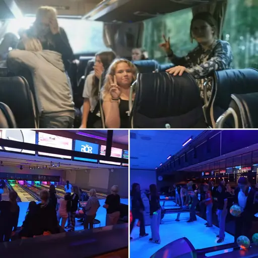 Bilder från bussresa & bowling (upp till vä), Träning pågår (uppe i mitten), Måltidshäng (uppe till hö), Vilma och Lya deltog på målvaktsträning (nere till vä), Spelarhäng (nere till hö)