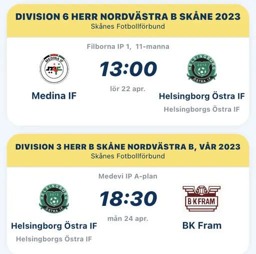 A-lagets och B-lagets närmaste matcher.