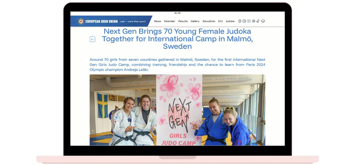 Bild: bilden visar artikeln om Next Gen på Europeiska Judoförbundets hemsida, direktlänk till artikeln hittas längst ner i texten.