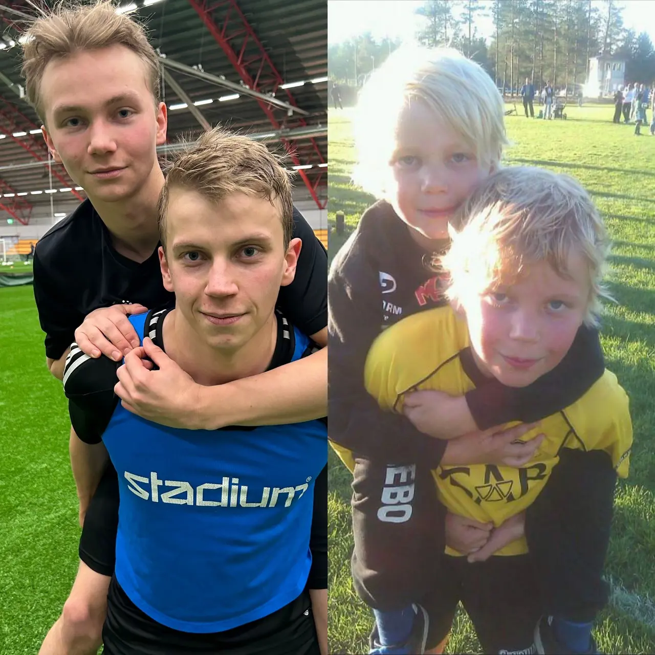 Otto på storebror Hampus rygg.