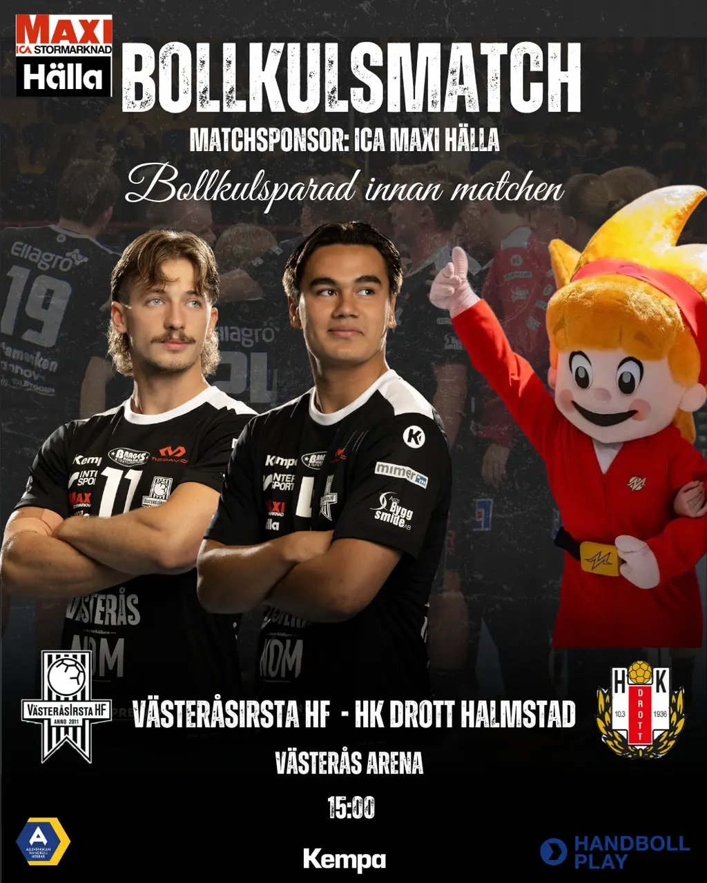Emil Bytoft och Alex Andersson tillsammans med ICA Maxi Hällas maskot Mica