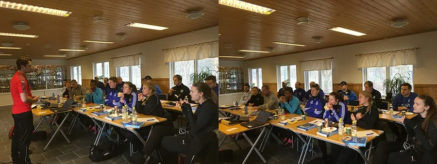 Kursinstruktör Mauritz Magnusson drillar kursdeltagarna i målvaktsutbildning.