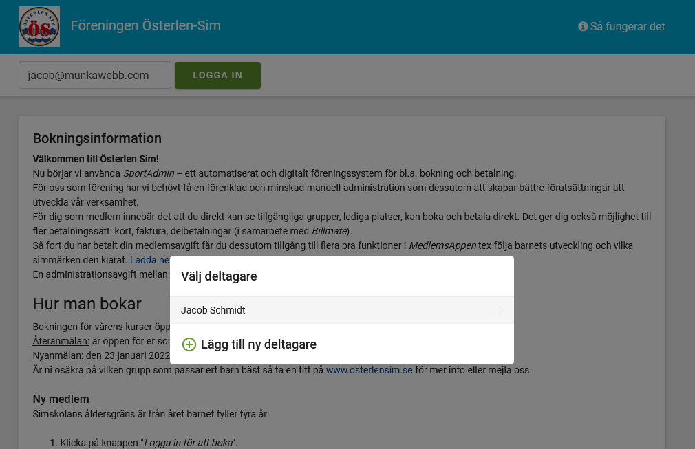 Välj befintlig "deltagare" (simmare) eller lägg till ny deltagare.