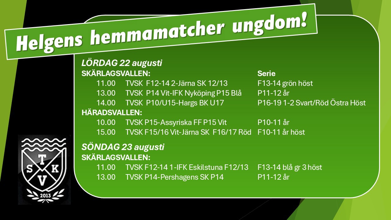 Ungdomslagens hemmamatcher i helgen 22-23 augusti