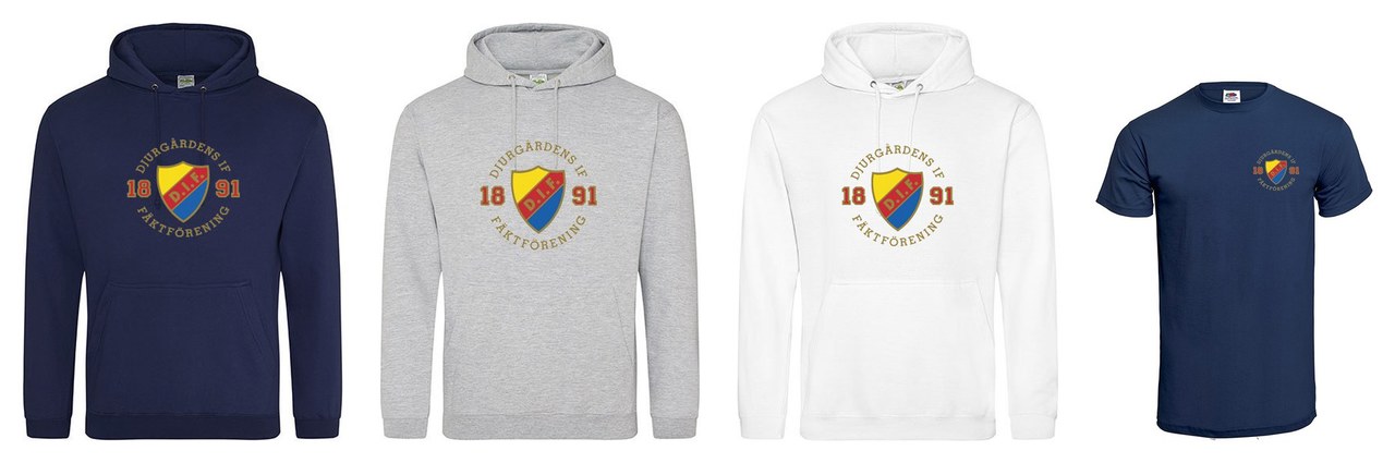 Hoodie i marinblått, ljusgrått eller vitt, och t-shirt med klubbens sköld på bröstet.