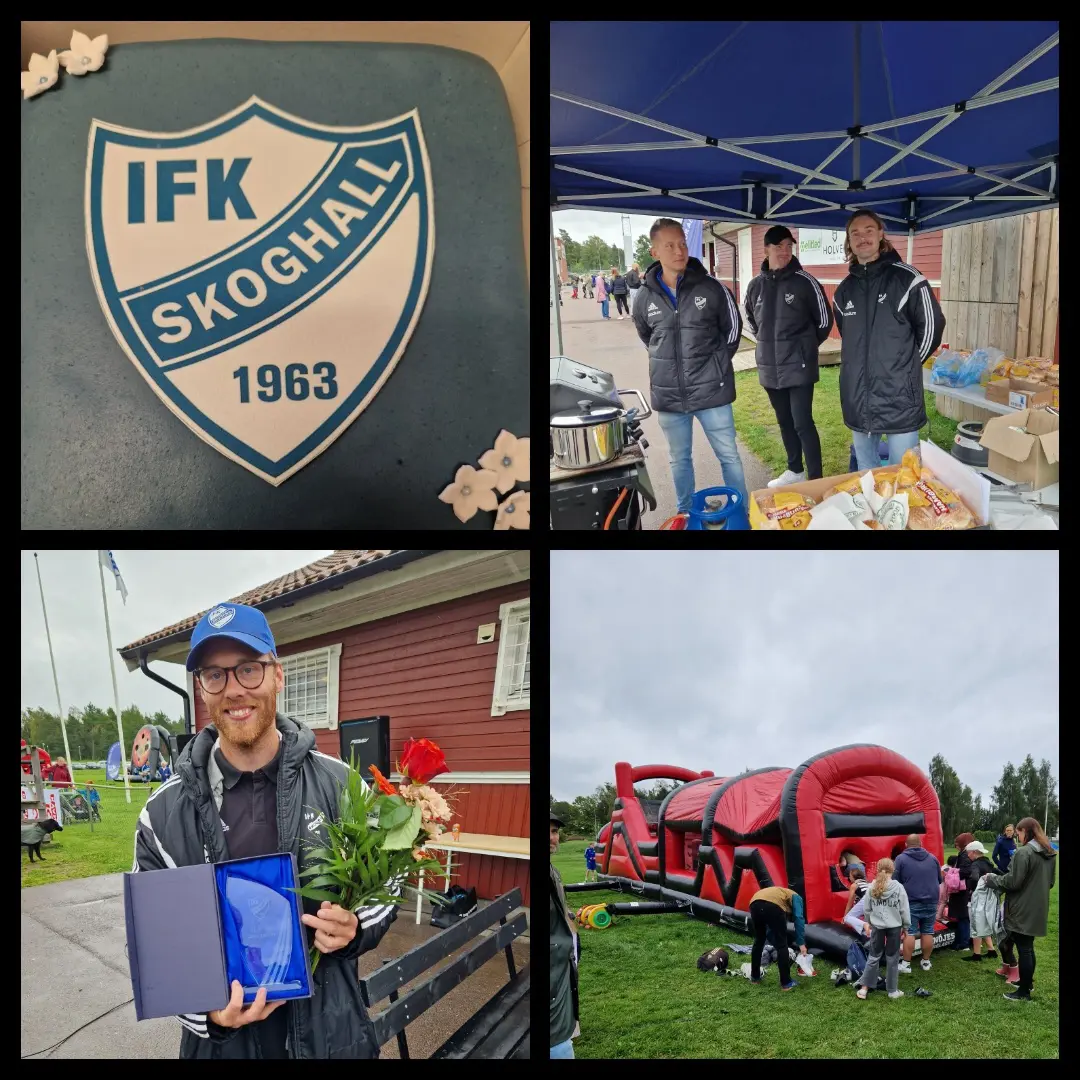 1. Den fina tårtan från Tårtpinglan 2. Grabbar från div 4-laget vid grillen 3. Carl Friman med glasplakett och blommor. 4. Hinderbanan
