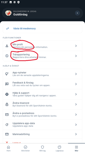 Från vänster rad 1, bild 1-2 växla till ledarvyn, bild 3, öppna menyn för att redigera profil och rapportera tid. Från vänster, rad 2, bild 1, uppdatera uppgifter, bild 2-3, tidsrapportera.