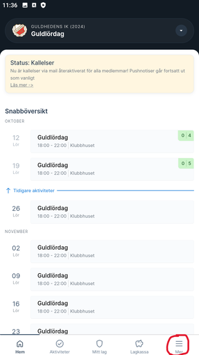 Från vänster rad 1, bild 1-2 växla till ledarvyn, bild 3, öppna menyn för att redigera profil och rapportera tid. Från vänster, rad 2, bild 1, uppdatera uppgifter, bild 2-3, tidsrapportera.