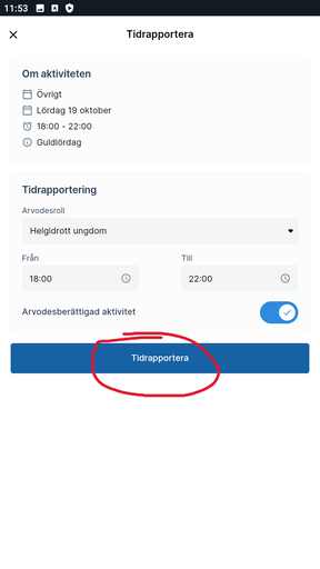 Från vänster rad 1, bild 1-2 växla till ledarvyn, bild 3, öppna menyn för att redigera profil och rapportera tid. Från vänster, rad 2, bild 1, uppdatera uppgifter, bild 2-3, tidsrapportera.