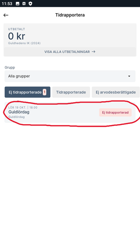 Från vänster rad 1, bild 1-2 växla till ledarvyn, bild 3, öppna menyn för att redigera profil och rapportera tid. Från vänster, rad 2, bild 1, uppdatera uppgifter, bild 2-3, tidsrapportera.