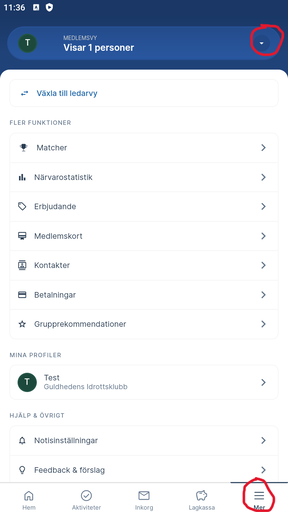 Från vänster rad 1, bild 1-2 växla till ledarvyn, bild 3, öppna menyn för att redigera profil och rapportera tid. Från vänster, rad 2, bild 1, uppdatera uppgifter, bild 2-3, tidsrapportera.