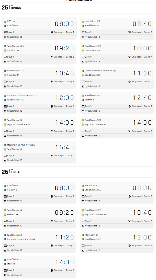 Spelschema för våra tre SSK-lag i klassen Boys 9.