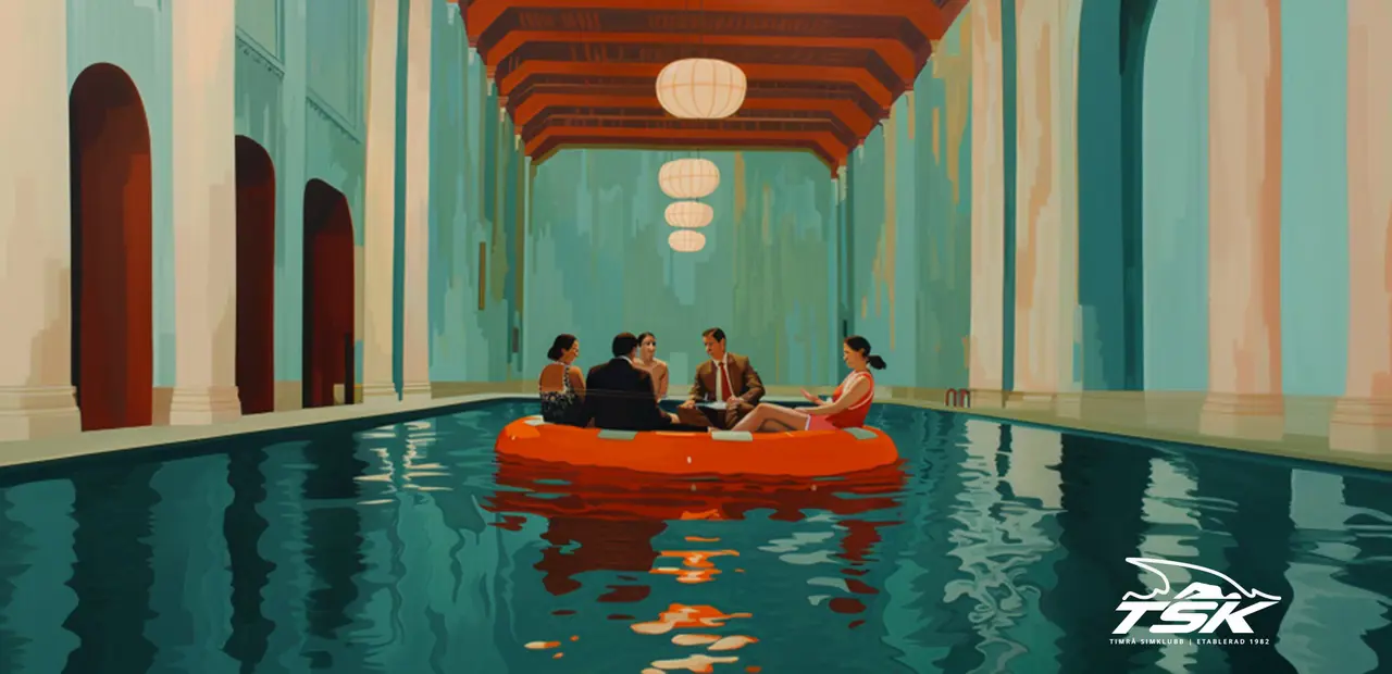 5 personer har ett möte på en flotte i en pool.