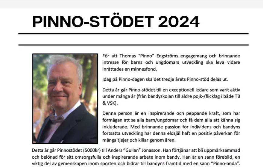 Årets Pinnostöd till Tillbergaledare