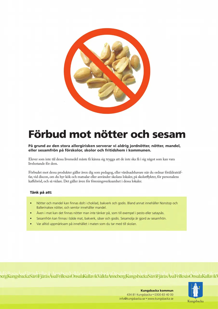 Förbud mot nötter och sesam.