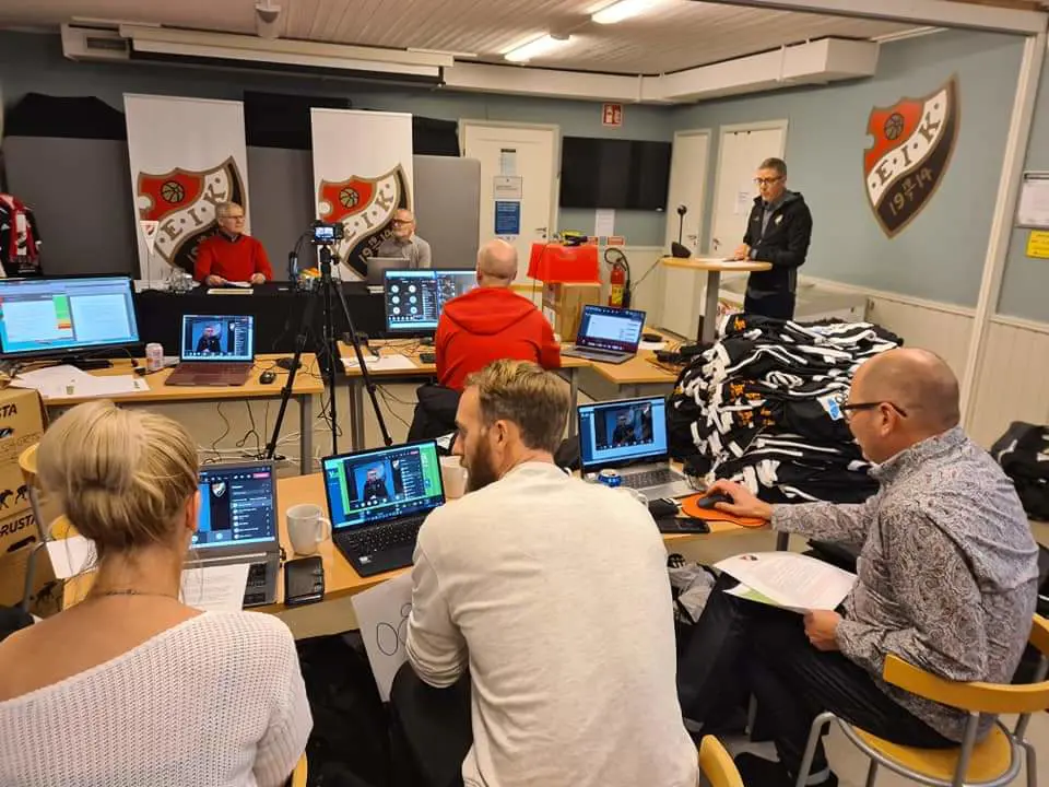 EIK:s årsmöte 2021 sett från vår "produktionsstudio" (kafeterian) från vänster till höger: Helena, Bosse, Peter, Mattias Lindström, Victor, Pekka och Björn W