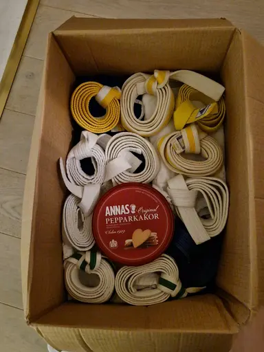 Första paketet av två som Aris på Stenungsunds judoklubb skickar till Filippinierna. Foto: Nektarios Ntoulakis