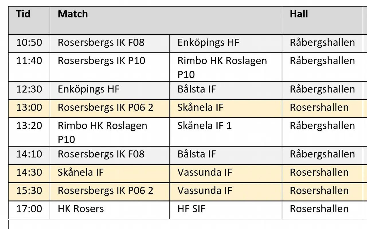 Spelschema söndag den 27/1