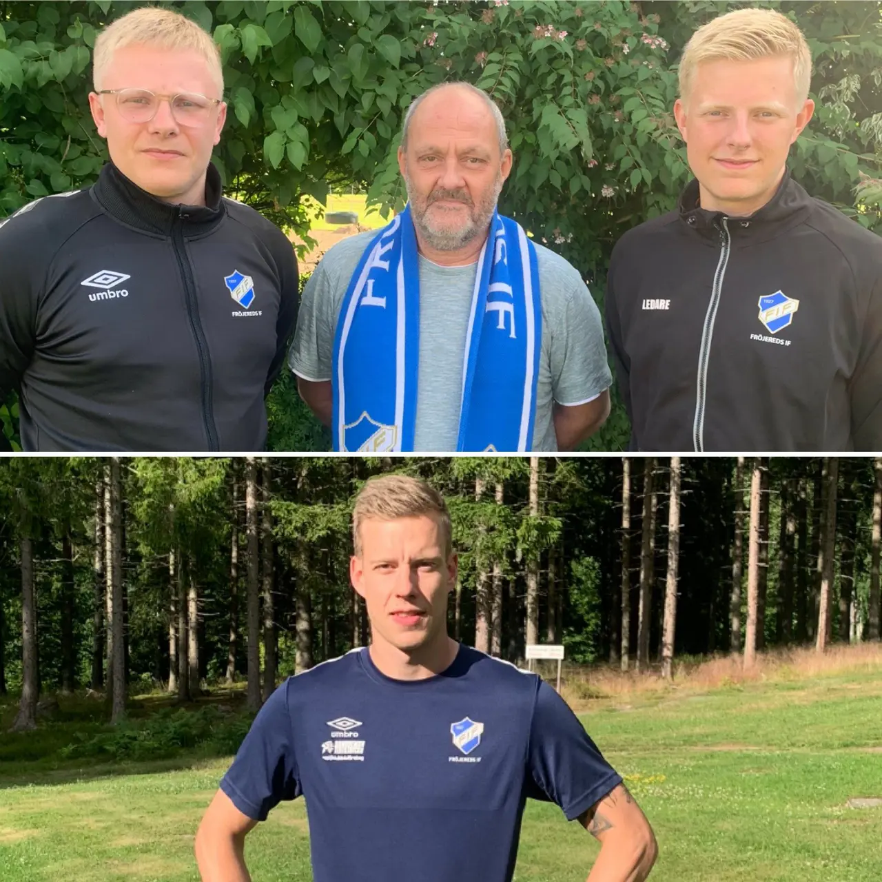 Per Blom kan stolt presentera, Fröjereds tränare säsongen 2022/2023. Huvudtränare David Karlsson (övre vänster), Samuel Dahlström (övre höger) samt Hugo Klahr nedre bilden.