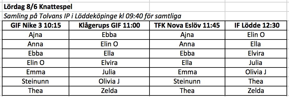 Lagindelningar och info Knatteavslutning lördag