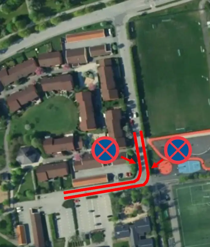 Förbud att parkera och stanna längs de röda linjerna