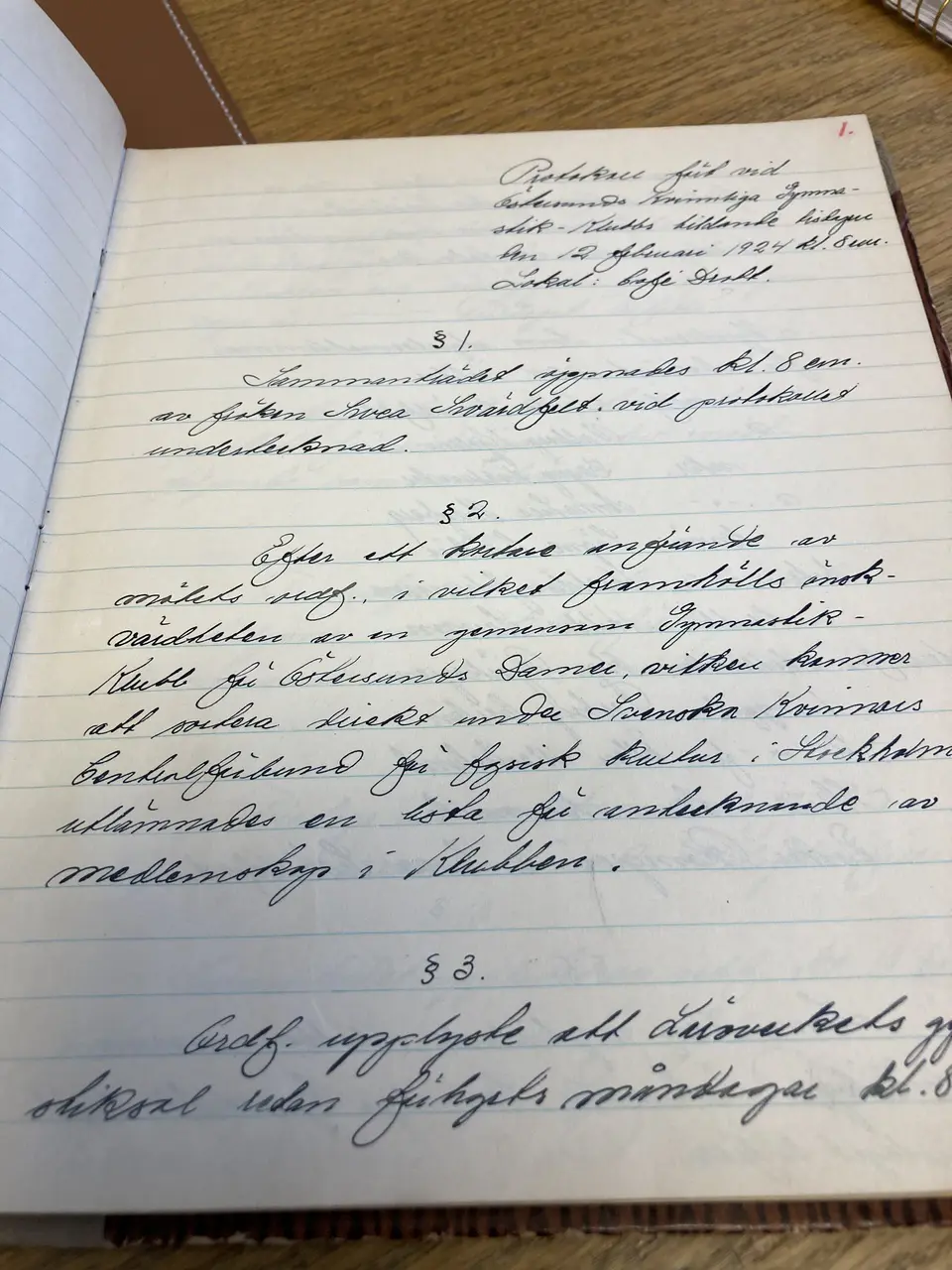 Protokoll fört av Fröken Svea Svärdfelt vid Östersunds Kvinnliga Gymnastik-Klubbs bildande tisdagen den 12 februari 1924 kl 8em. Lokal: Café Drott