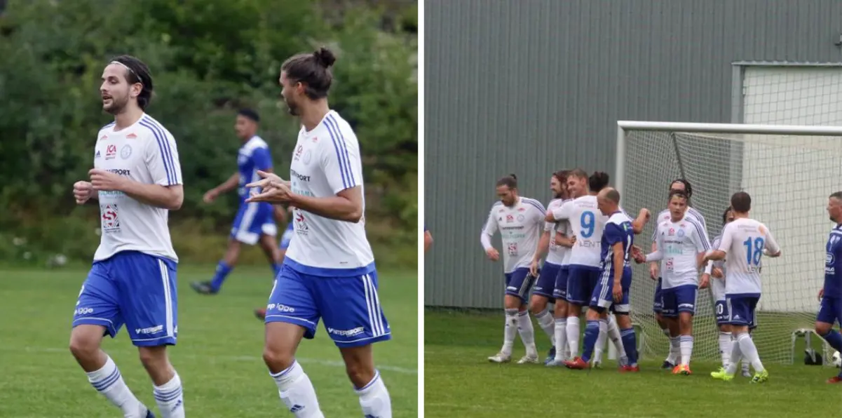 Anders Fridlund har just gjort 2-2 fint framspelad av Christian Brolin, till höger segerjubel efter Dennis Sjöléns 3-2. Foto Joseph Edman