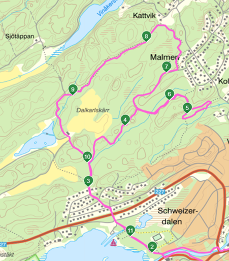 Ungefärlig bansträckning på bilden (bortse från km angivelser samt notera att vid rundeln ska man springa tillbaka då det har vuxit igen, skylten i skogen visar detta).